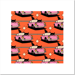 Cool Car Black Cat Pattern in orange Posters and Art